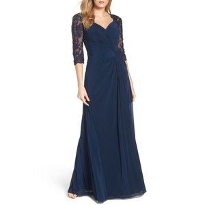 La Femme Ruched Twist Column Gown in Navy 12 New Nwt Long Dress